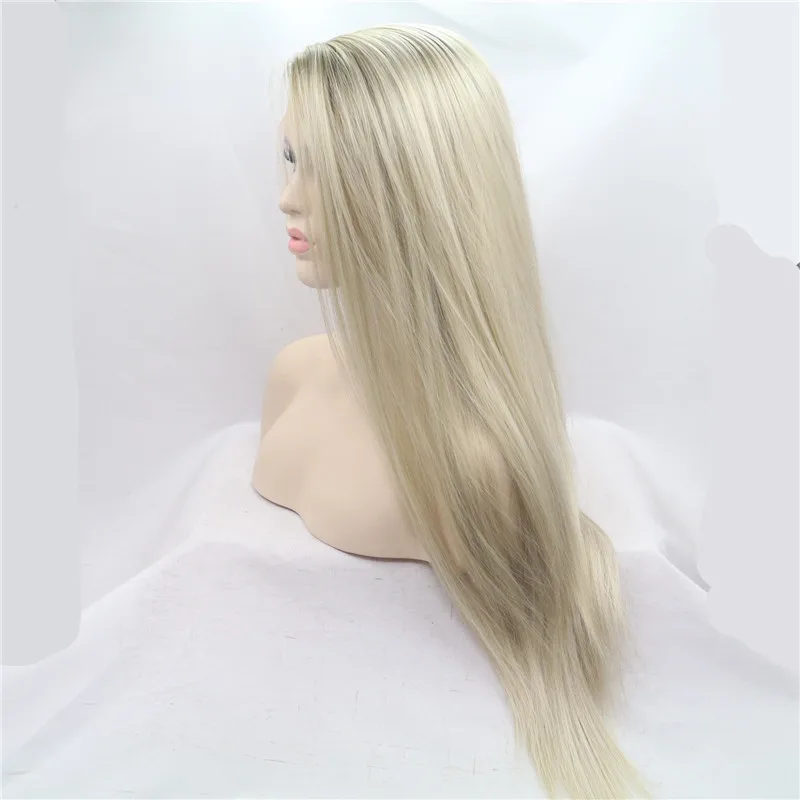 Sylvia термостойкие волосы Омбре блонд синтетический парик на кружеве для женщин боковая часть длинный шелковистый прямой парик половина ручная вязка