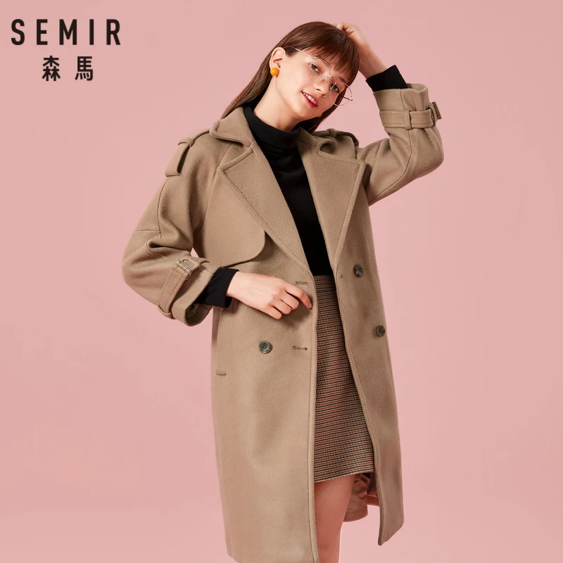 

SEMIR Women Double-Breasted Coat with Buckle Strap Women's Wool Blend Coat with Slant Pocket Satin Lined Buckle Belt at Cuff