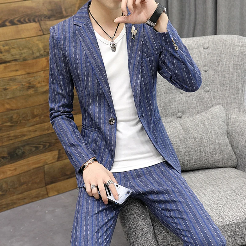 

Men's Suits Spring Summer New Leisure Striped Small Suits Korean Trend Slim Fit Casual Plaid Suit 2-piece Set Jacket+pant Male