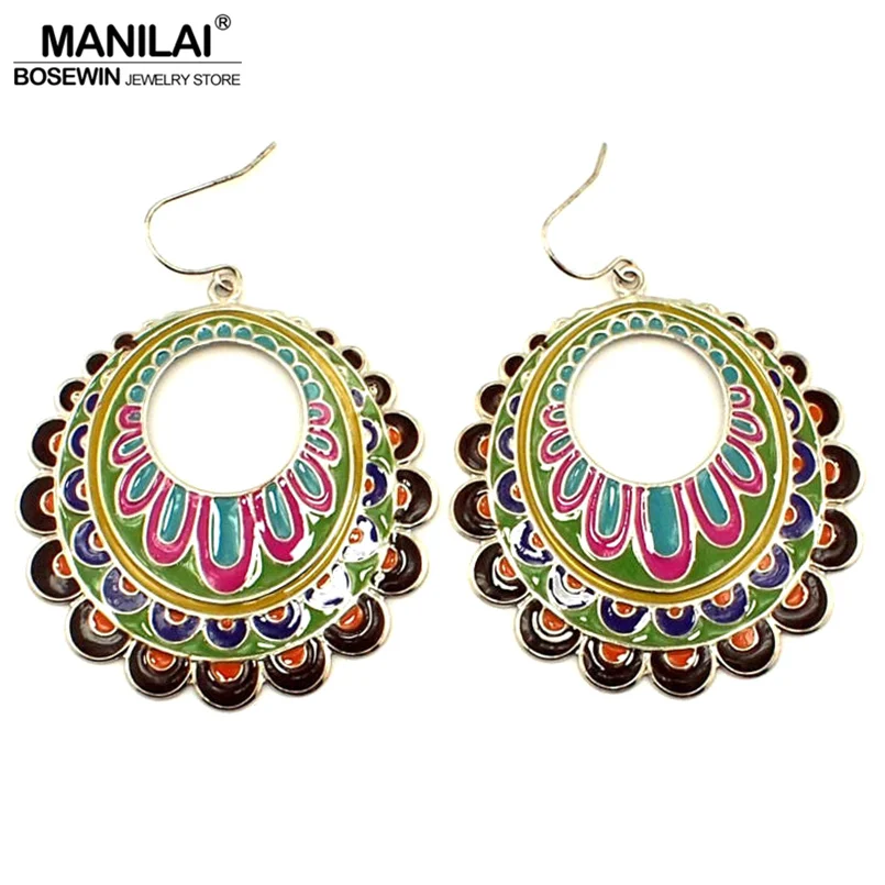 MANILAI Fashion Bohemia Exaggerated Dangle Earring Fashion 50mm Coloured Flower Eardrop Women Ethnic Earrings Cheap Price FE089