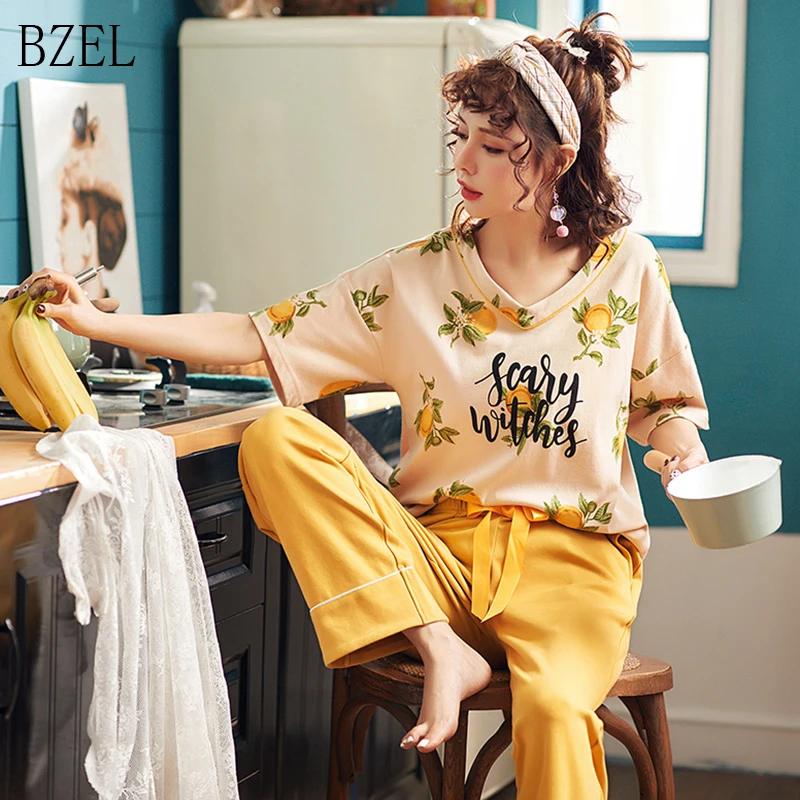 

BZEL Pajamas Set Women Floral Print T-shirt& Long Pants Cotton Sleepwear Loose Pyjamas Fille Nightwear Set Plus Size All Seasons