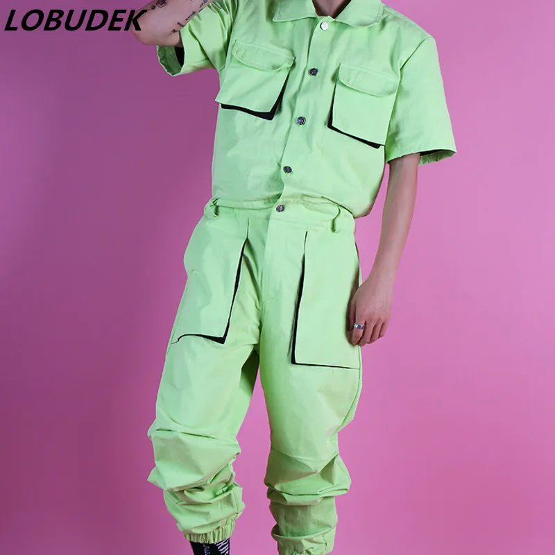 

Punk Style Light Green Big Pocket Jumpsuit Set Men Singer Dancer Nightclub Bar Stage Clothing Rompers Jazz HIP HOP Dance Costume
