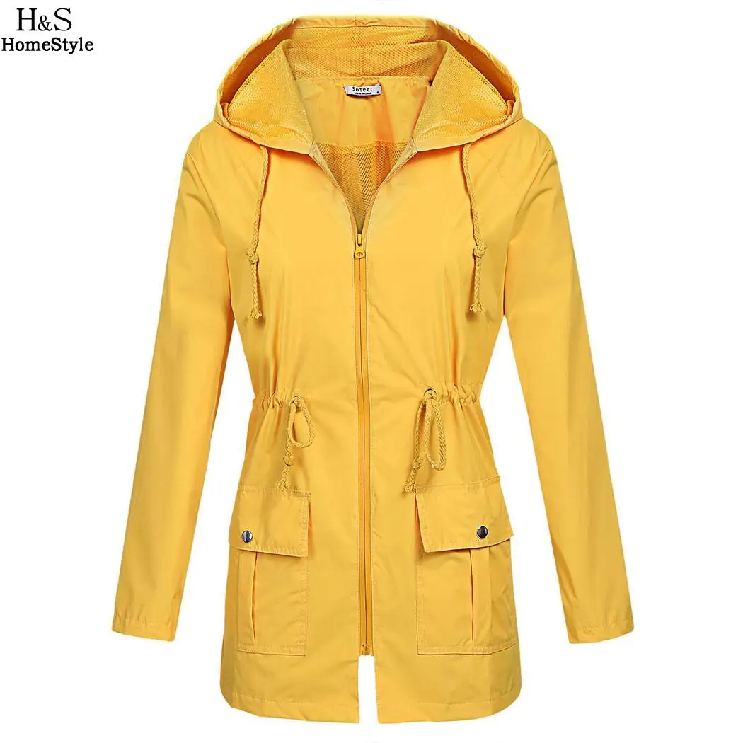 Плащ одноцветное синий рукав Для женщин длинные желтые Водонепроницаемый дождь на молнии Повседневная куртка с капюшоном легкий черный темно-регулярные - Цвет: Yellow