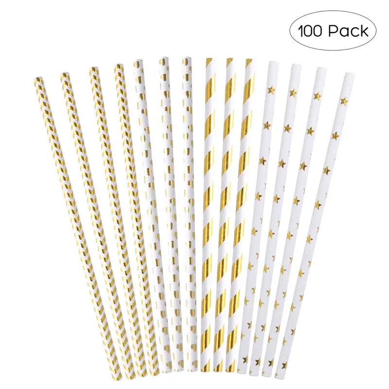 

100 PCS Gold And White Paper Straws with Star Strip Dot Wave Pattern for Party