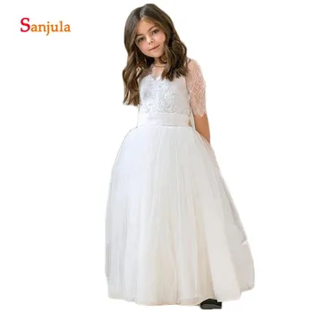 

Half Lace Sleeve Ivory Tulle Flower Girls Dresses V Neck Appliques Ball Gown Puffy Wedding Party Dresses Backless Communion D201