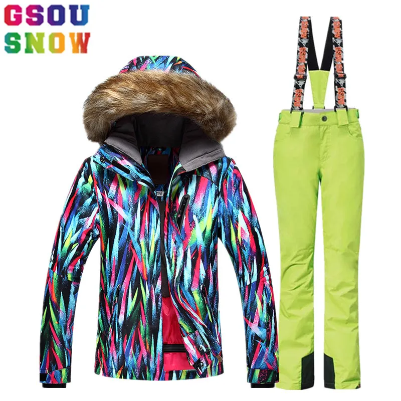 GSOUSNOWSkiSuitWomenSkiJacketPantsFurHoodedWinterWaterproof