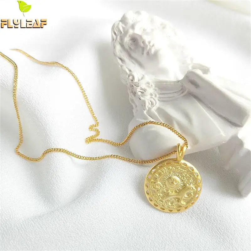 

Flyleaf Sun Animal Embossed 18k Gold Necklaces & Pendants Fashion Chain Fine Jewelry real 925 Sterling Silver Necklace For Women