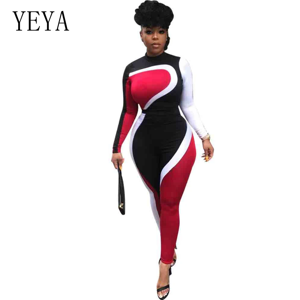 YEYA Big Size Patchwork Women Runway Jumpsuit Autumn Winter Casual Turtleneck Long Sleeve Fit Rompers High Street Sexy Overalls 