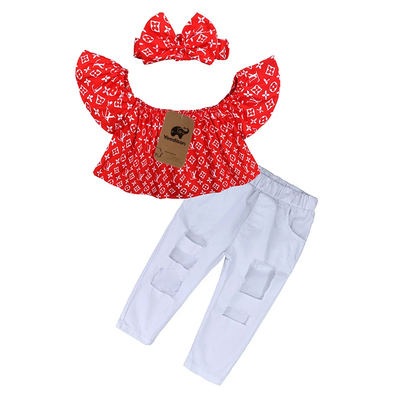 Baby Girl Summer Clothes 2018 Children Clothing Set Fashion Girls Outfits 3Pcs Off Shoulder Tops Denim Pants Hairband Kids Suits (11)