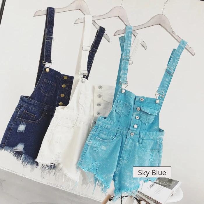 2018 new Korean college wind age denim strap shorts female wild thin students hole suspenders tide (4)