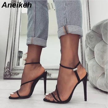 

Aneikeh 2019 New Fashion Narrow Band Sandals Cross-Strap Gladiator Woman Sandals 12CM High Heels Slip-On Sandals Dress Pumps