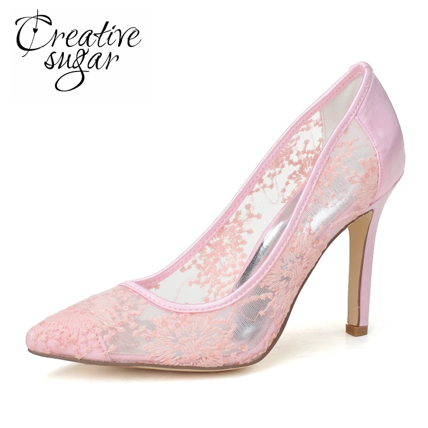 

Creativesugar Sweet pointed toe see through breathable summer style pumps wedding party homecoming dress shoes pink black white