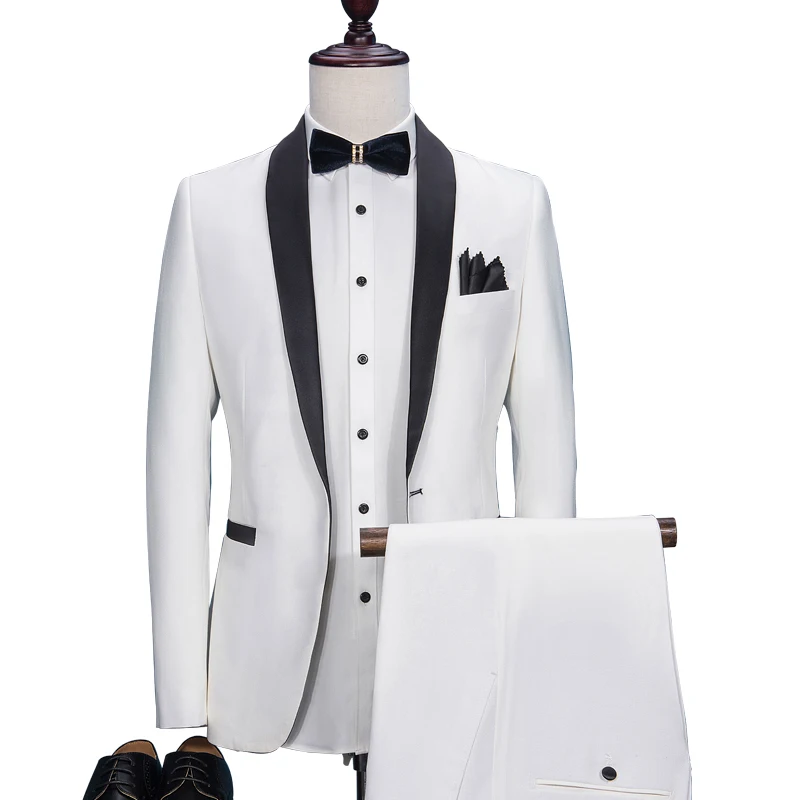 

Freeship 100%real mens white black collar tuxedo suit /event/studio/stage performance/jacket with pants