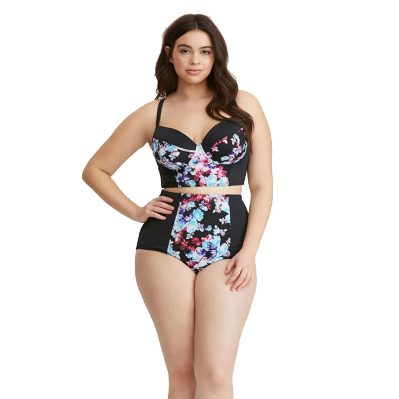 

New Sexy Large Size Bikini Set Women Push Up Swimsuit Retro Floral Printed Stitching Female Swimwear Black High Waist Two Piece
