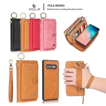 

POLA Fashion Woven Pattern Wristband Leather Holster Zip Wallet Case For Samsung Galaxy Card Pocket Magnetic Detachable Car Ring