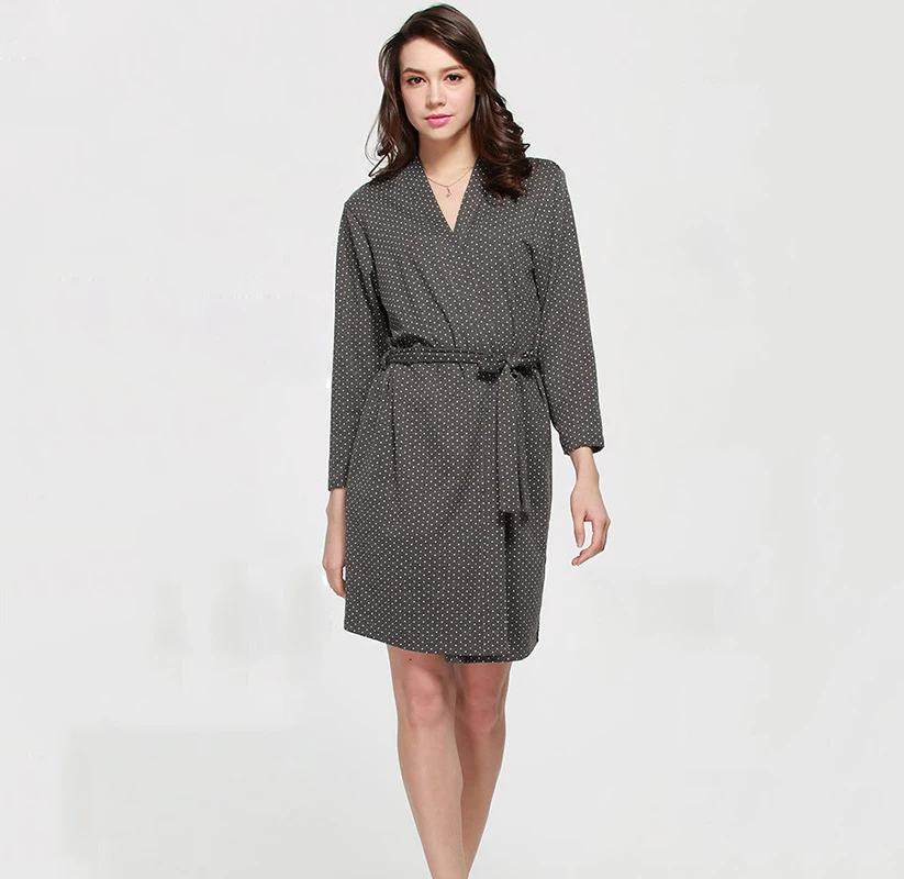 Cotton kimono bathrobe gray white spots mid length robe femme dressing gowns for women
