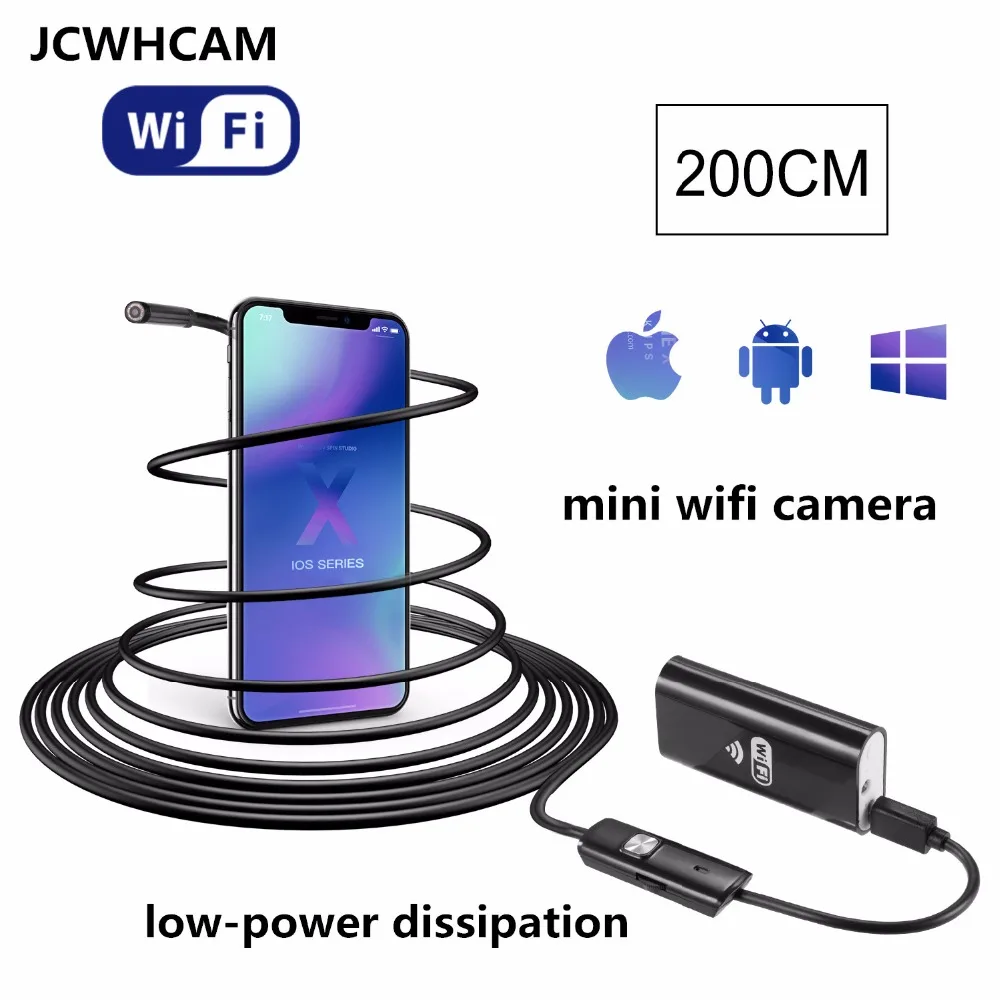 

JCWHCAM Wifi Endoscope iOS Android 2m Soft cable lens 8mm HD 720P Borescope mini ip Camera Snake Camera PCB Car Inspection