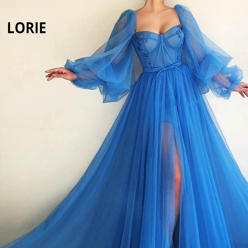 LORIE 2019 Long Puffy Sleeve Blue Prom Dresses Tulle Backless Lacing Evening Gowns Evening Party Gown Robe De Soiree Plus Size
