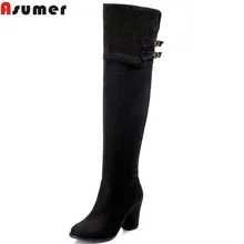 Asumer горячая распродажа; женские сапоги до колена на молнии; элегантные однотонные сапоги из нубука и флока с пряжкой на высоком квадратном каблуке с круглым носком