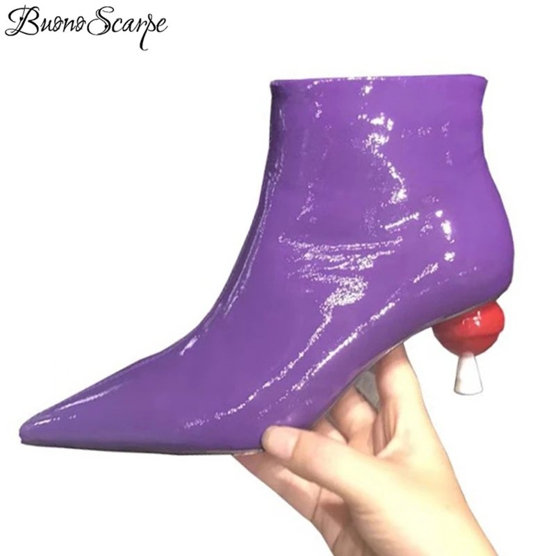 

BuonoScarpe Retro Strange High Heel Ankle Boots Patente Leather Pointed Toe Short Boots Women Runway Style Shoes High Heel Boots