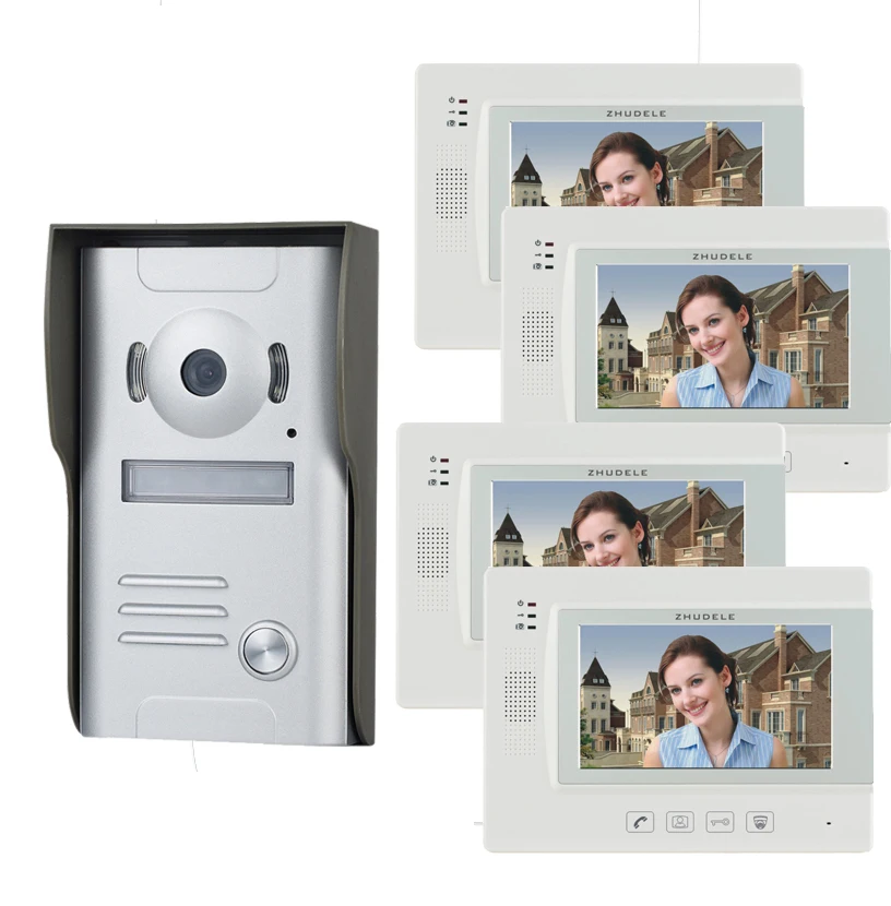 Zhudele роскошный " Цвет видео-телефон двери w/T Сенсорный экран ключ, 700 ТВЛ CCD камеры, ночное видение можно подключить камеру видеонаблюдения(1v4