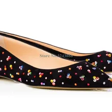 Черная замшевая обувь со стразами на плоской подошве с острым носком; женская обувь с разноцветными кристаллами; Повседневная Удобная весенне-летняя обувь без застежки