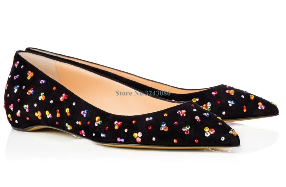 

Black Suede Pointed Toe Flat Shoes Bling Bling Colorful Crystal Women Shoes Casual Comfortable Spring Summer Slip On Shoes