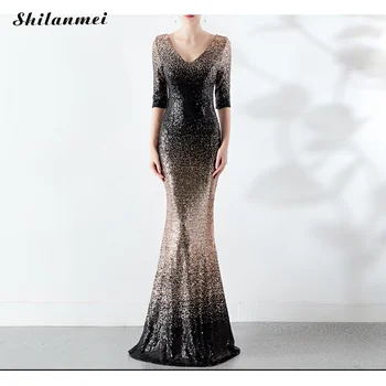 

Elegant Black Gold Gradient Sequined Half Sleeve Host Mermaid Elegant Party Vestidos Women Clubwear Sexy Evening Formal Dresses
