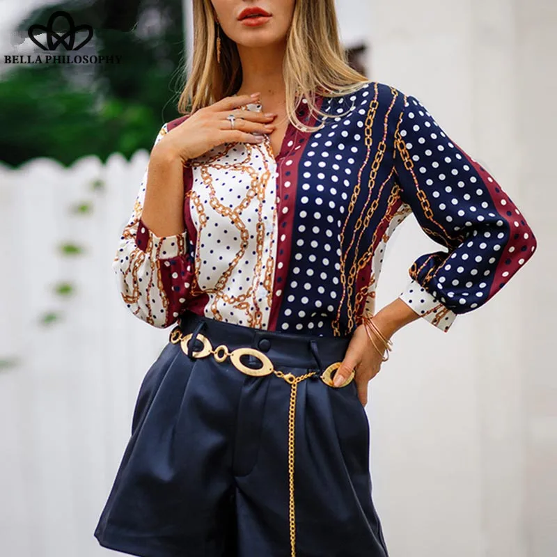 Wonder Bohemian women Spring V-neck Multicolor Mixed Chain Print blouse Women Polka Dot blouses shirt female blouse shirt top