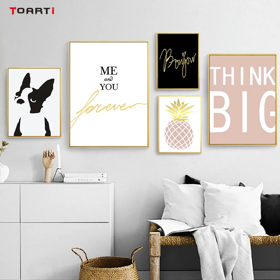 

Scandinavian Home Ornament Pink Pineapple English Golden Text Canvas Printing Bulldog Animal Poster Wall Picture For Living Room