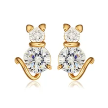 Yellow Gold Color Cute Cat Kitty Clear Zircon Anti-Allergic Piercing Stud Earrings for Women Children Girls Kids Jewelry Aros