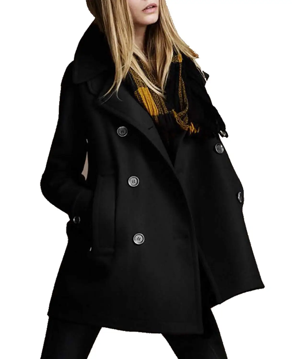 Womens Casual Slim Double Breasted Lapel Solid Peacoat Trench Coatin