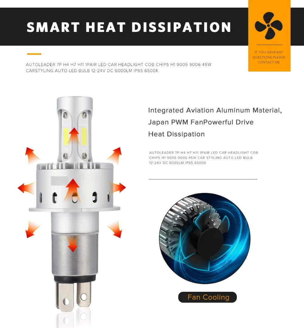 AutoLeader 7P H4 H7 H11 1 пара светодиодный фар автомобиля моноблочные светодиодные чипы H1 9005 9006 45 Вт стайлинга автомобилей авто светодиодный лампы 12-24V DC 6000LM IP65 6500K