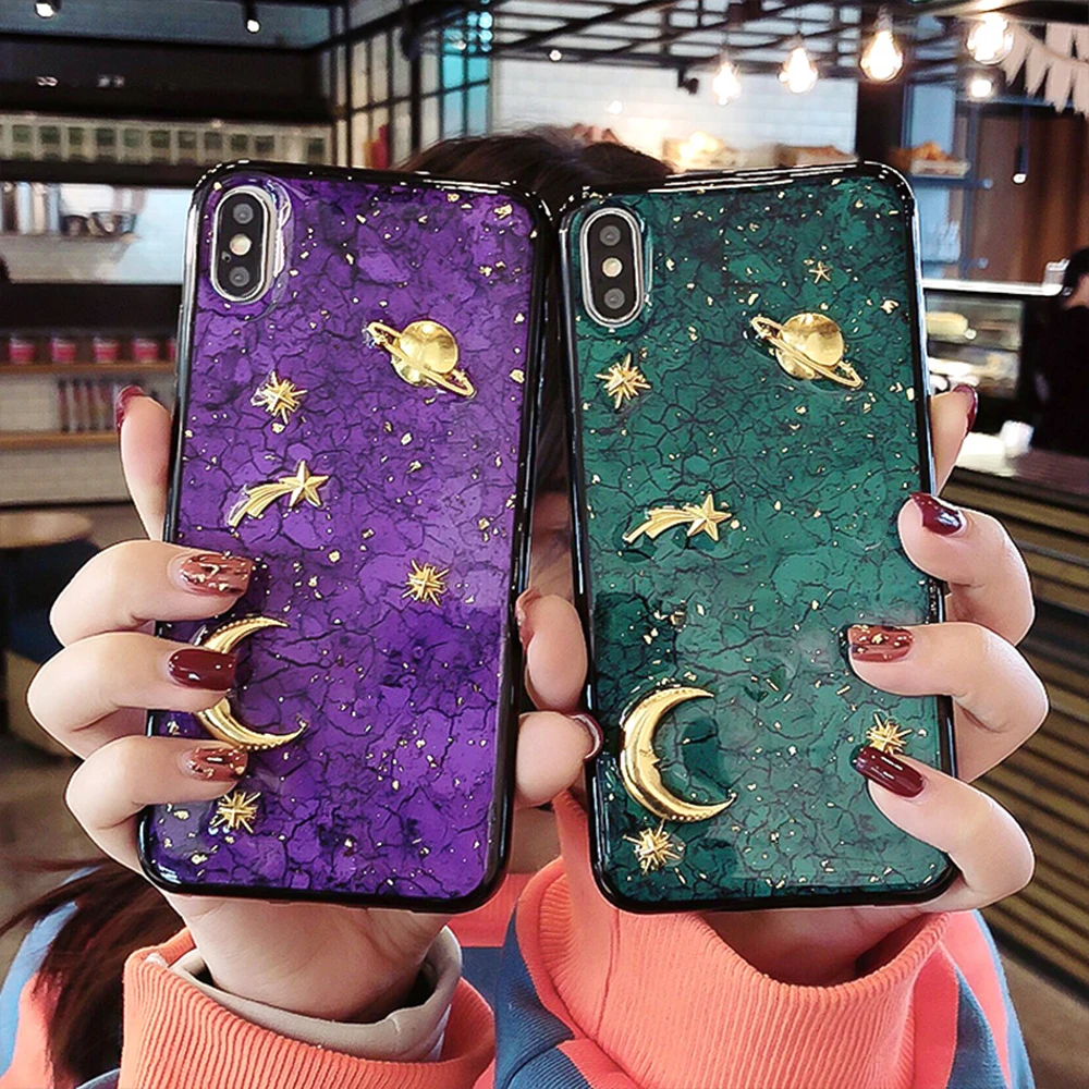 Роскошный Мраморный чехол для iPhone X XS 8 7 XS Max XR 6 6s Plus эпоксидная Звезда Мягкий блестящий чехол водонепроницаемый зеленый фиолетовый золотой фольги