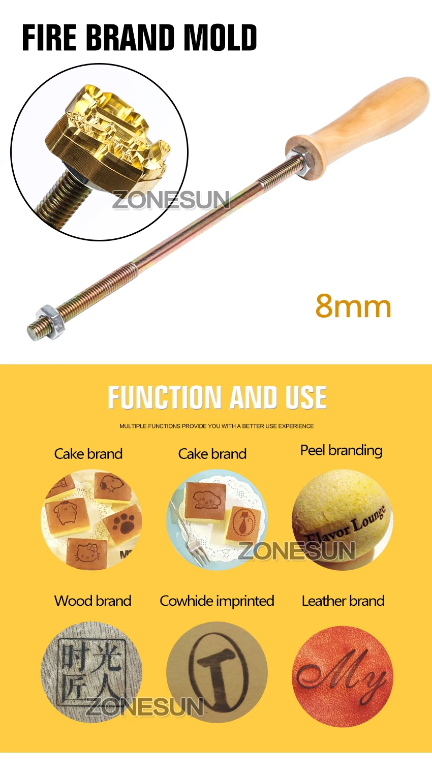 ZONESUN Подгонянный металлический штамп железо для еды торт печенье логотип дерево кожа сжигание пресс-штамп, железо латунь плесень сжигание ручка