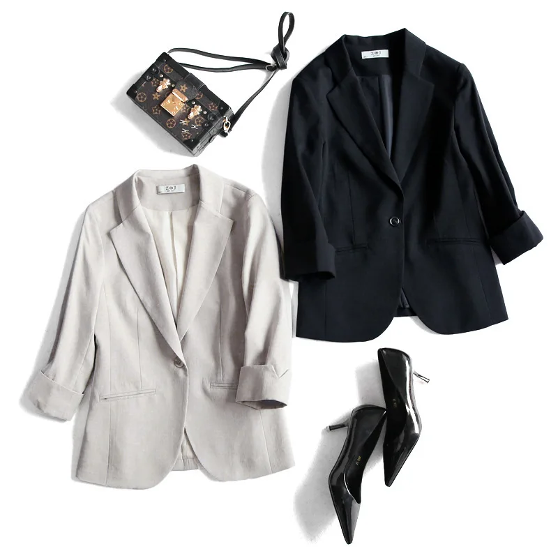SHUCHAN Cotton Linen Women Single Button Blazer Three Quarter Sleeve Blazer Feminino Slim Female Suits Causal Jackets Z-7618 - 32853519486 SHUCHAN Cotton Linen Women Single Button Blazer Three Quarter Sleeve Blazer Feminino Slim Female Suits Causal Jackets Z-7618 - 32853519486