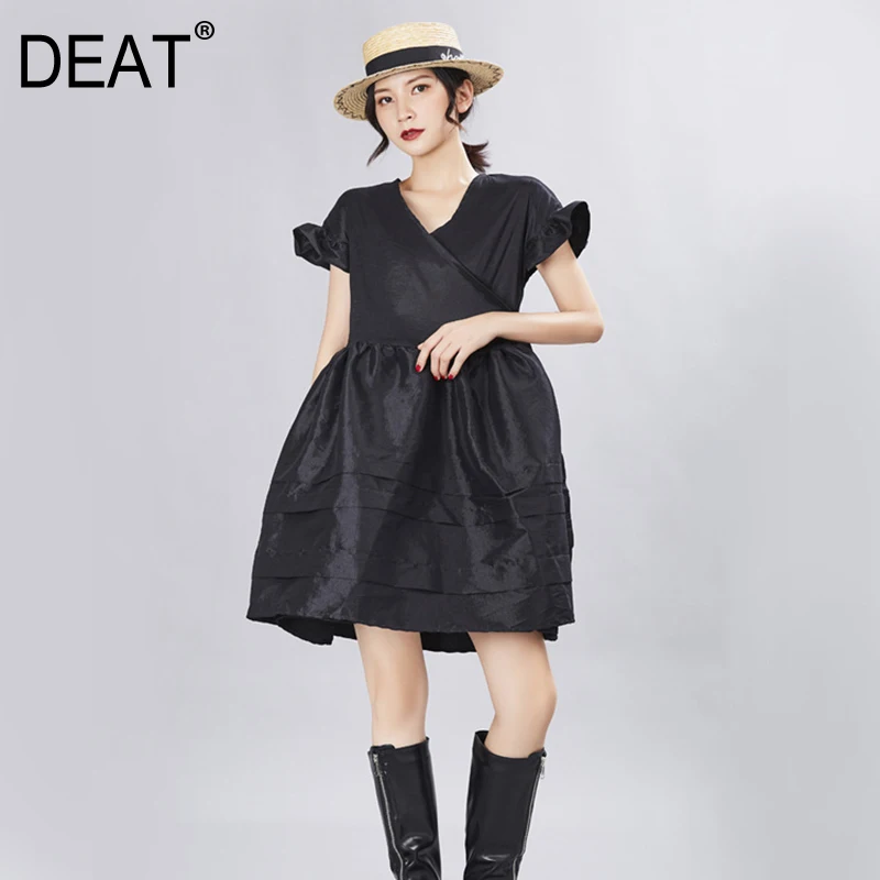 

[DEAT] 2019 New Spring Summer V- Neck Short Sleeve Ruffles Split Joint Loose Temperament Dress Women Fashion Tide JX341