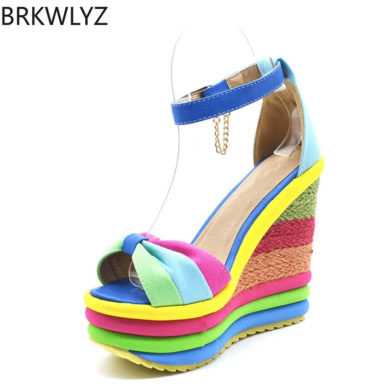 

BRKWLYZ 2019 Summer Sexy Bohemia Rainbow Peep Toe Platform Sandals For Womens Ladies Blue Denim Wedges Sandal