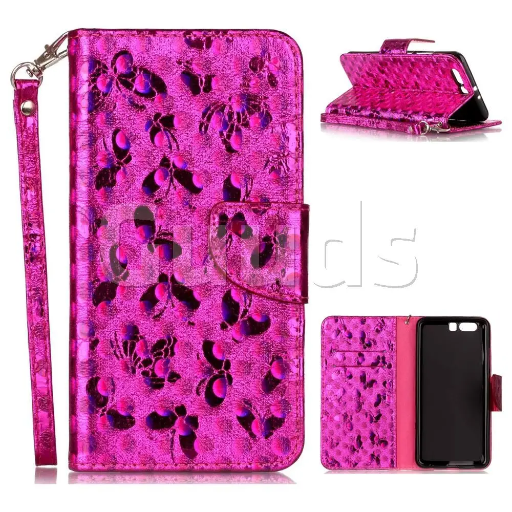 Luxury Laser Butterfly Optical Maser Leather Wallet Case for Huawei P10 Plus - Rose