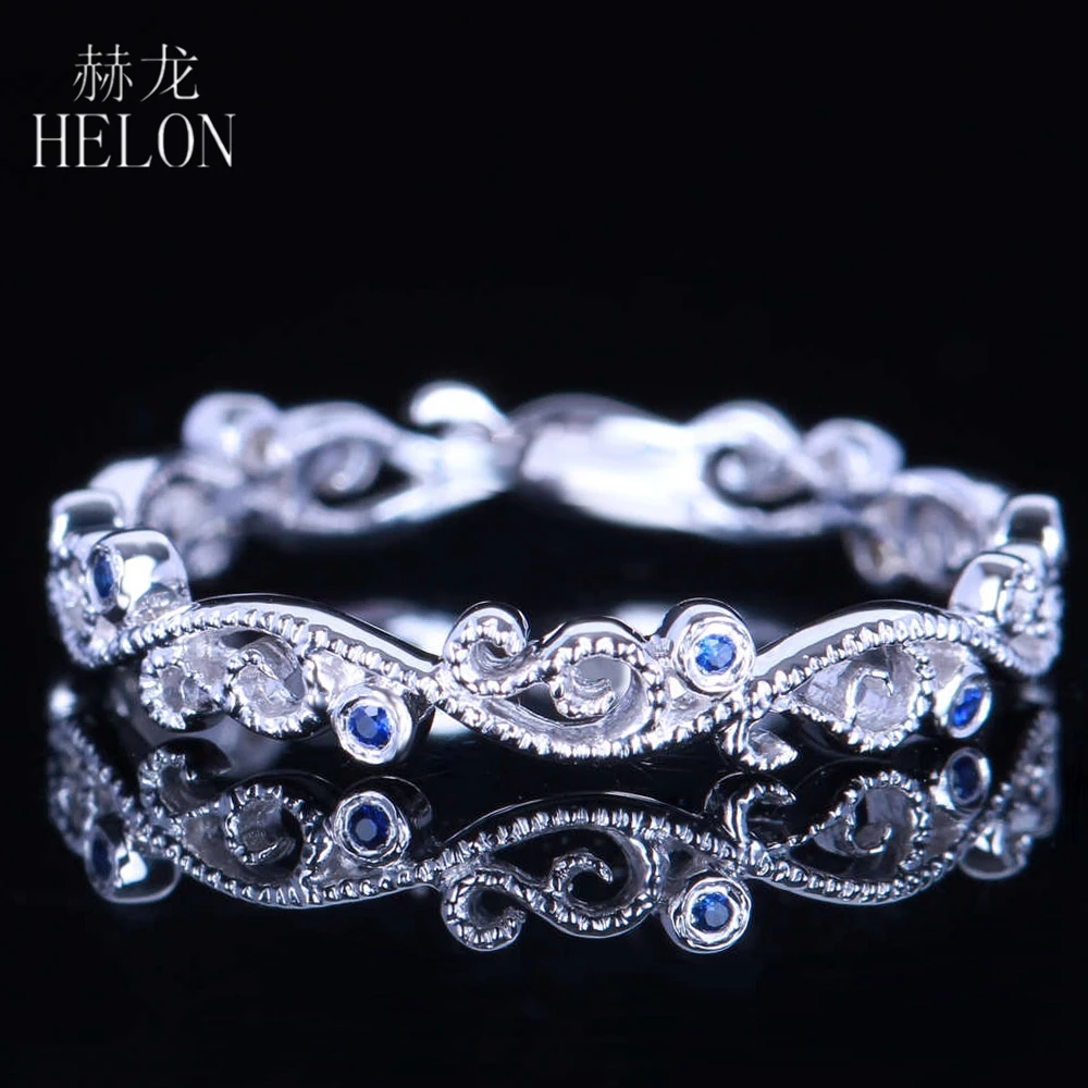 HELON Real 14k White Gold Engagement Wedding Genuine Sapphires Ring Art Deco Retro Antique Milgrain Style Band