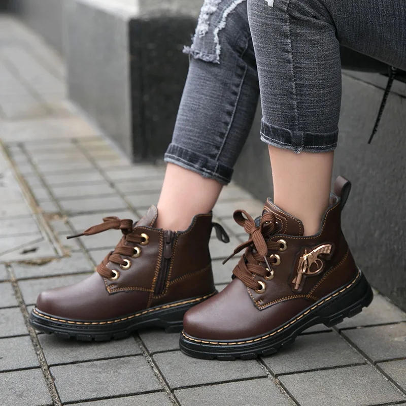 

ULKNN Children's high help Martin boots 2019 winter new leather KIDS boots Boys fashion wild boy cotton shoes