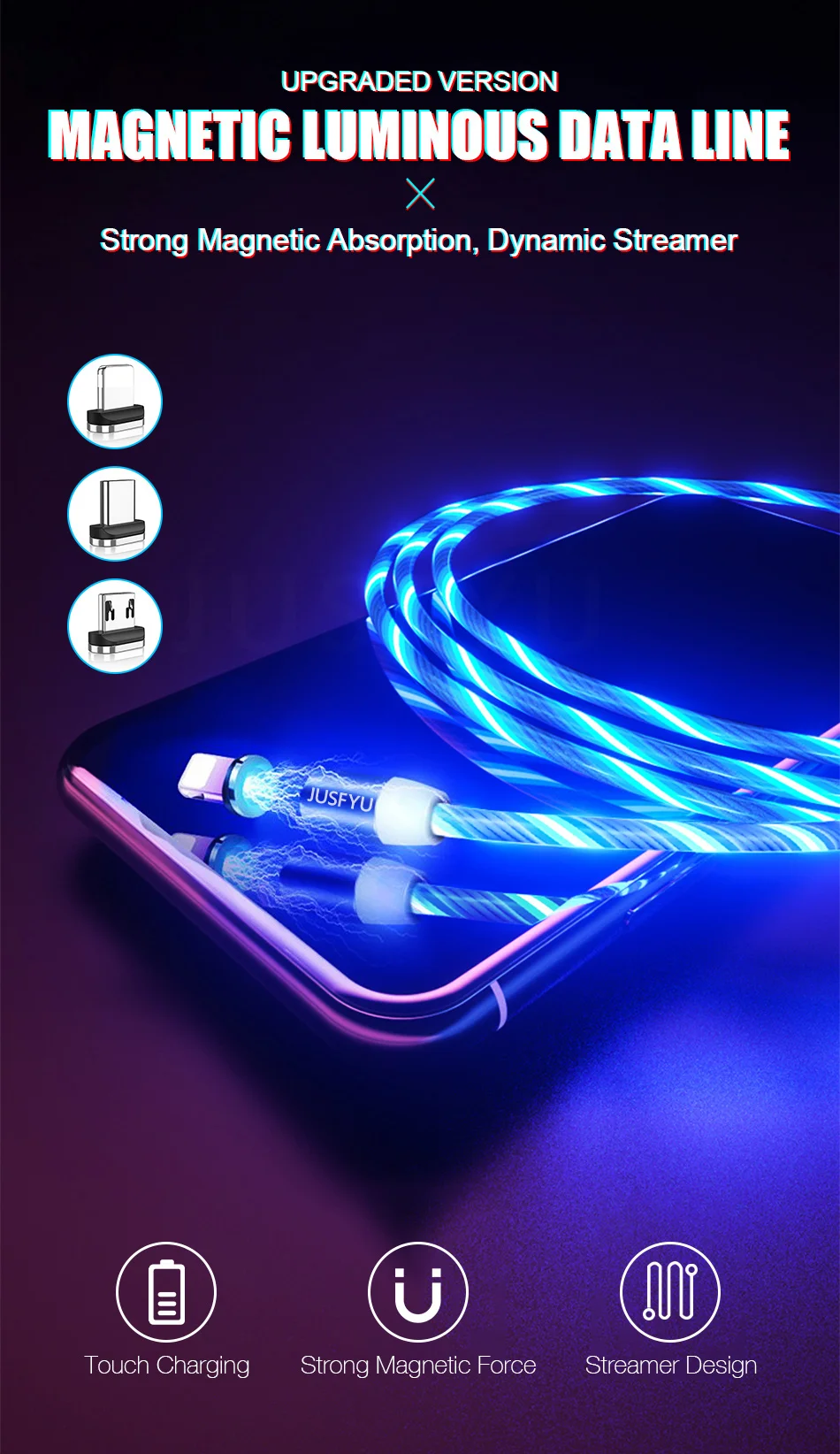 1 м Магнитный светодиодный светильник кабель Micro usb type C зарядное устройство для быстрой зарядки для iPhone X 7 6 samsung Xiaomi Магнитный телефонный кабель провод шнур