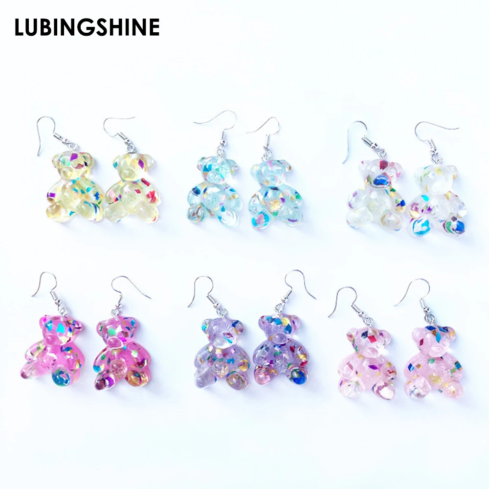 

Cartoon Lovely Colorful Bear Dangle Earrings Resin Candy Color Sequin Animal Earrings For Women Girls Fashon Party Jewelry Gift