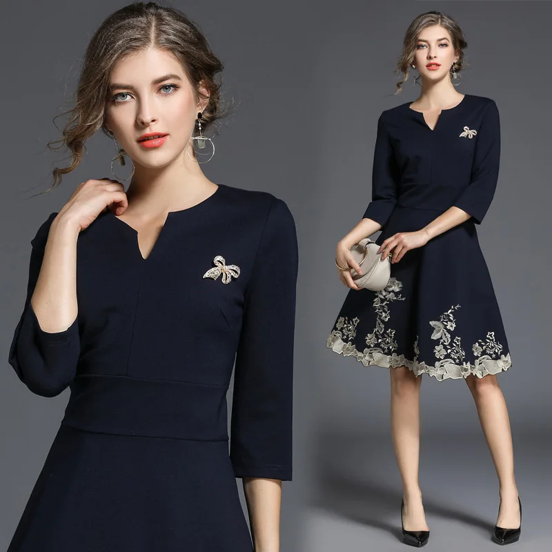 

Women's Clothing 2018 New Spring Autumn Fashion V-Neck Europe Style Embroidery Dress A-line Vintage Dresses Female