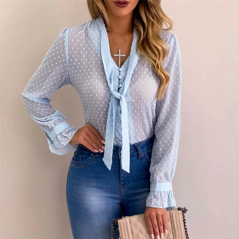 Women Sexy Polka Dot Tops Blouses Autumn Elegant Long Sleeve V-Neck Chiffon Blouse Spring Lady Office Work Shirts Plus Size 5XL