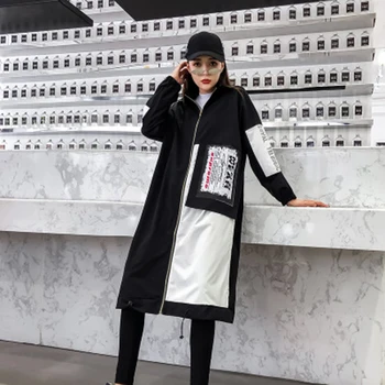 

Women's Trench Coats Autumn Winter Patch Designs Black Casual Elegant Long Cotton Zipper Windbreake Coat Hip Hop 60B0028