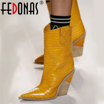 

FEDONAS Fashion Embossed Microfiber Leather Women Mid-calf Boots Toe Western Cowboy Boots Chunky High Heels Motorcycle Boots