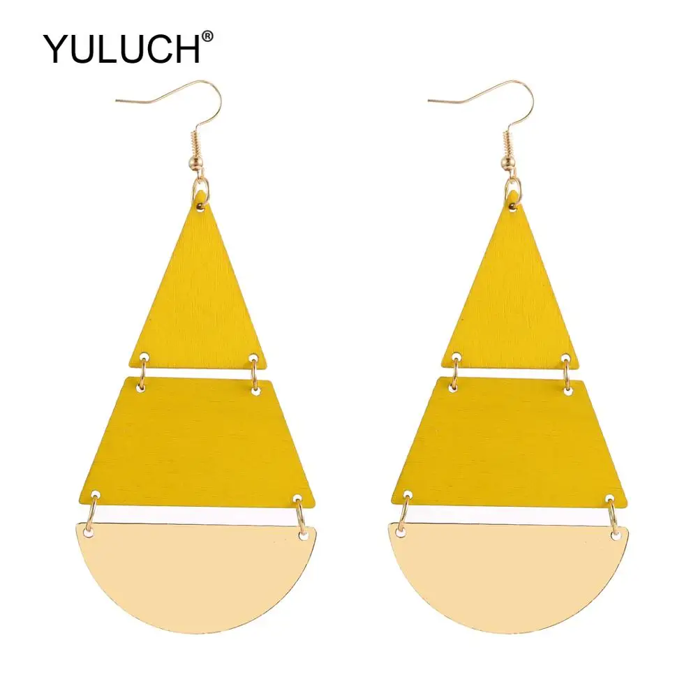 YULUCH 2019 Handmade Yellow Black Wooden With Semicircle Golden Metal Pompom Pom Dangle Earrings For Women Fashion Jewelry | Украшения и