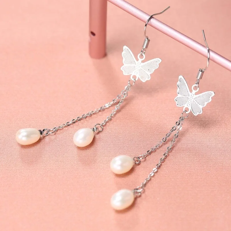 

DAIMI Butterfly Drop Earrings Double Pearl Hanging silver Dangle Earrings