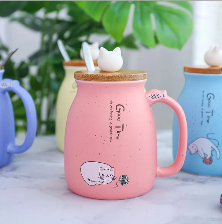 Креативная цветная термостойкая кружка с изображением кота, мультяшная кружка с крышкой, 450 мл, чашка с котенком, кофейные керамические кружки, детская чашка, Офисная посуда для напитков, подарок - Цвет: Розовый